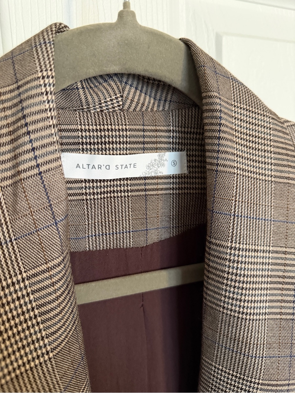 Altar’d State Plaid Open Front Blazer Brown Taupe Career Chic Size S - Picture 4 of 6